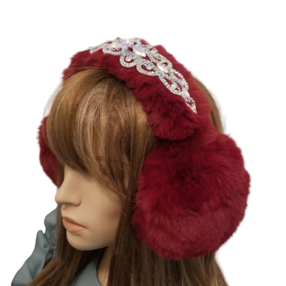 Handmade Burgundy Faux Fur Crystal Earmuffs Wine Red Winter Ear Warmers